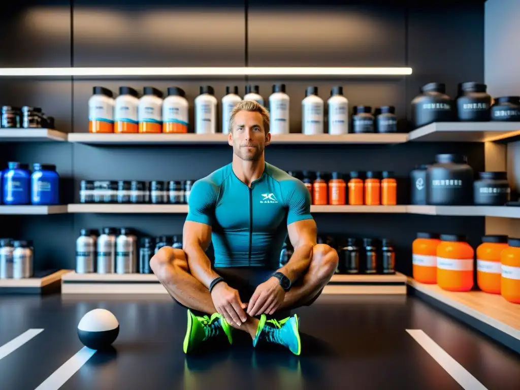 Triatleta profesional en centro de recuperación de alta tecnología Un triatleta profesional descansando en un centro de recuperación avanzado rodeado de suplementos y equipos de recuperación