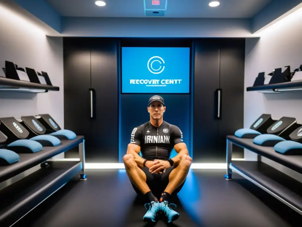 Centro de recuperación de triatleta profesional: hightech para Ironman Un triatleta profesional se encuentra en un centro de recuperación de vanguardia tras una competición Ironman