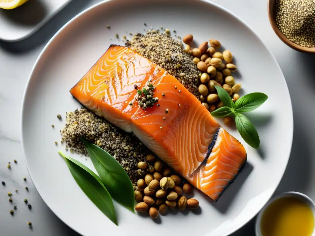 Deliciosos alimentos ricos en omega3 en un plato blanco Variada selección de alimentos ricos en omega 3 para una alimentación saludable, resaltando sus colores y texturas
