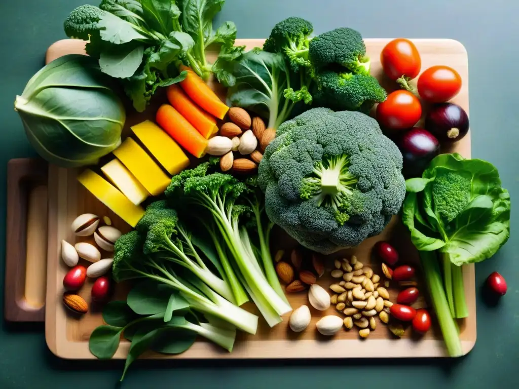 Variedad de vegetales y frutos secos en tabla de cortar Variada selección de vegetales y frutos secos frescos en tabla de cortar de madera