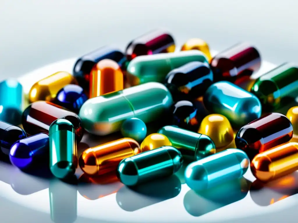 Suplementos coloridos en superficie moderna Variadas píldoras y cápsulas de suplementos coloridos sobre superficie blanca brillante transmiten calidad profesional y modernidad