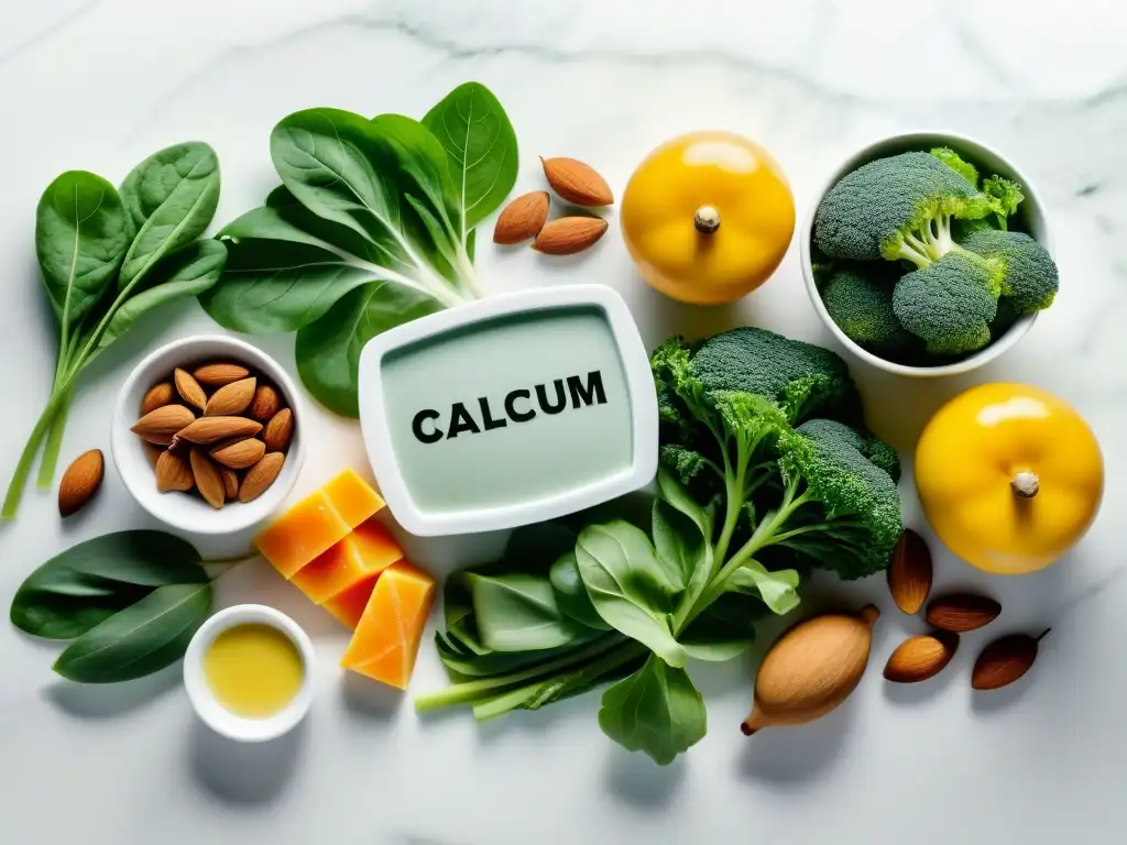 Alimentos ricos en calcio: una imagen ultradetallada y vibrante Una variedad de alimentos ricos en calcio dispuestos en una encimera de mármol blanco