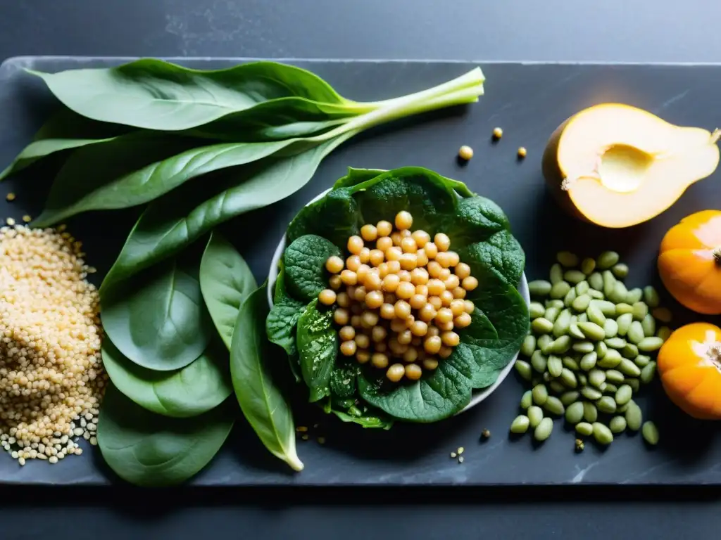 Alimentos ricos en hierro en detalle Variedad de alimentos ricos en hierro sobre tabla de mármol negro, resaltando su frescura y textura para suplementación de hierro en dieta keto
