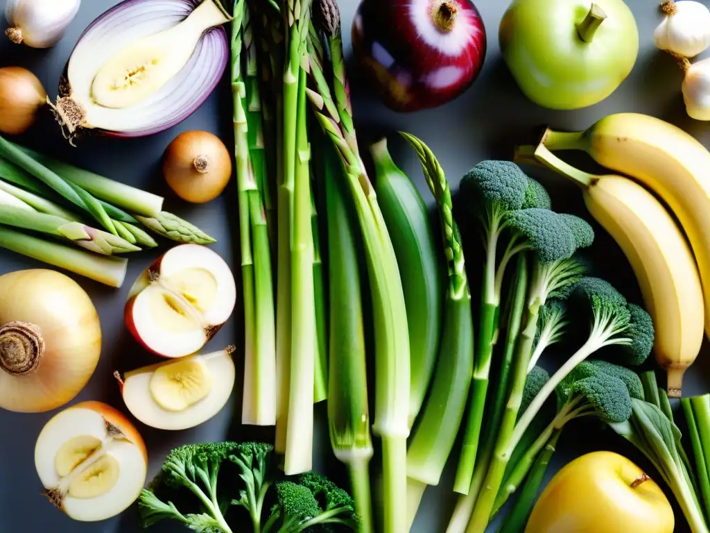Alimentos prebióticos: diversidad y color Una variedad de alimentos ricos en prebióticos como raíz de achicoria, ajo, cebolla, plátano y manzana, dispuestos de manera atractiva