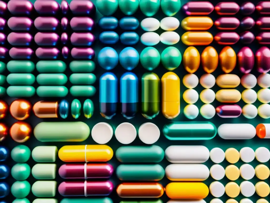 Suplementos coloridos: detalle y perfección en un grid Una variedad de cápsulas y tabletas de suplementos coloridos, perfectamente organizados en un patrón grid
