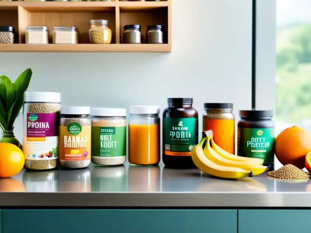 Una variedad colorida de alimentos y suplementos nutricionales para ganar volumen muscular en una cocina moderna y elegante