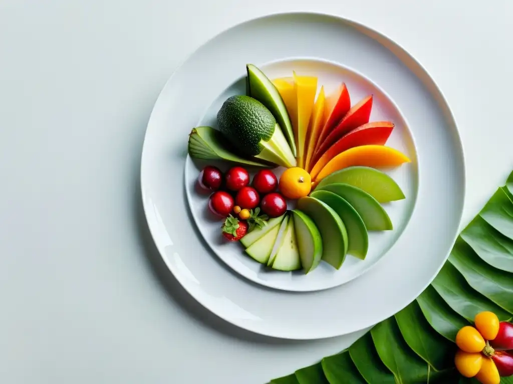 Plato de frutas y verduras: vitalidad y color Una variedad colorida de frutas y verduras frescas en un plato blanco, iluminado por la luz natural