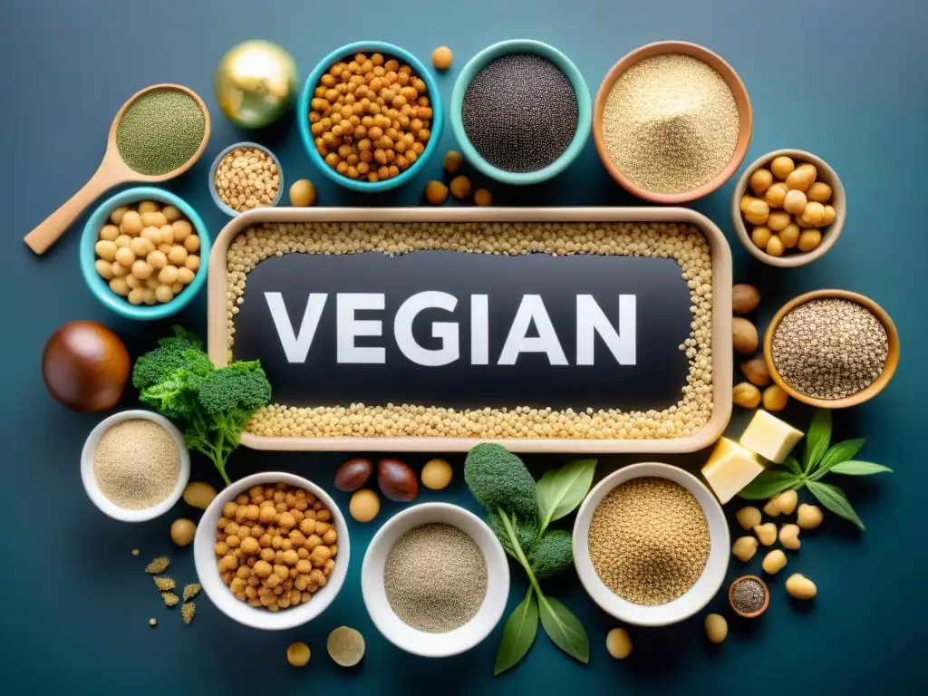 Proteínas veganas: coloridas fuentes de nutrición Una variedad colorida de fuentes de proteínas veganas y vegetarianas se muestra en una composición vibrante y organizada, resaltando su valor nutricional y diversidad para los aminoácidos esenciales veganos vegetarianos