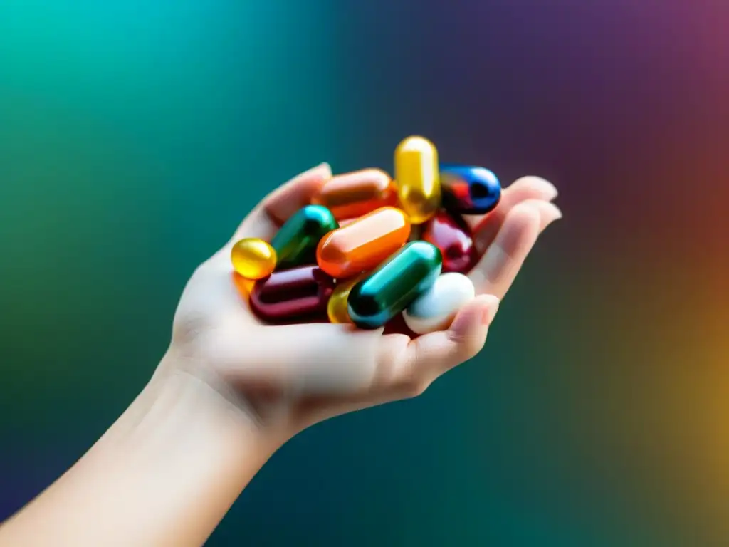 Multivitaminas de calidad: variedad y bienestar Una variedad de coloridas cápsulas multivitamínicas se sostienen en una mano, mostrando las mejores marcas de salud y bienestar