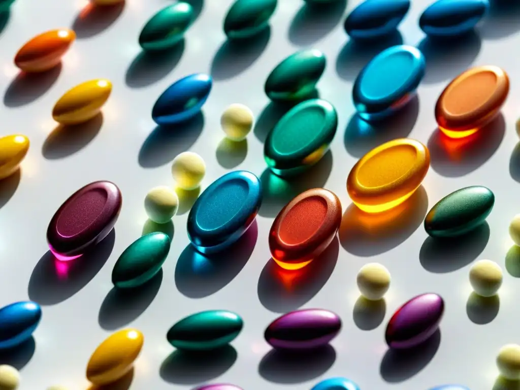 Patrón de píldoras suplementarias coloridas en superficie blanca Una variedad de coloridas pastillas de suplementos dispuestas en un patrón preciso sobre una superficie blanca y moderna