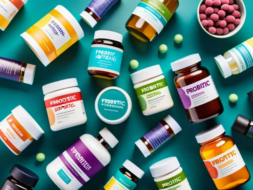 Suplementos probióticos: diversidad colorida y precisión científica Una variedad de coloridos suplementos probióticos en un patrón ordenado, resaltando formas, tamaños y diseños de empaque