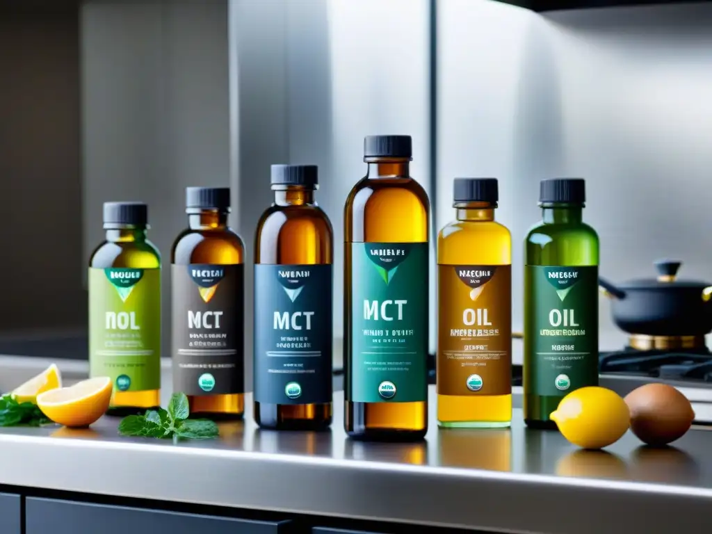 Una variedad de elegantes botellas de aceite MCT en una moderna cocina, resaltando beneficios en dieta keto
