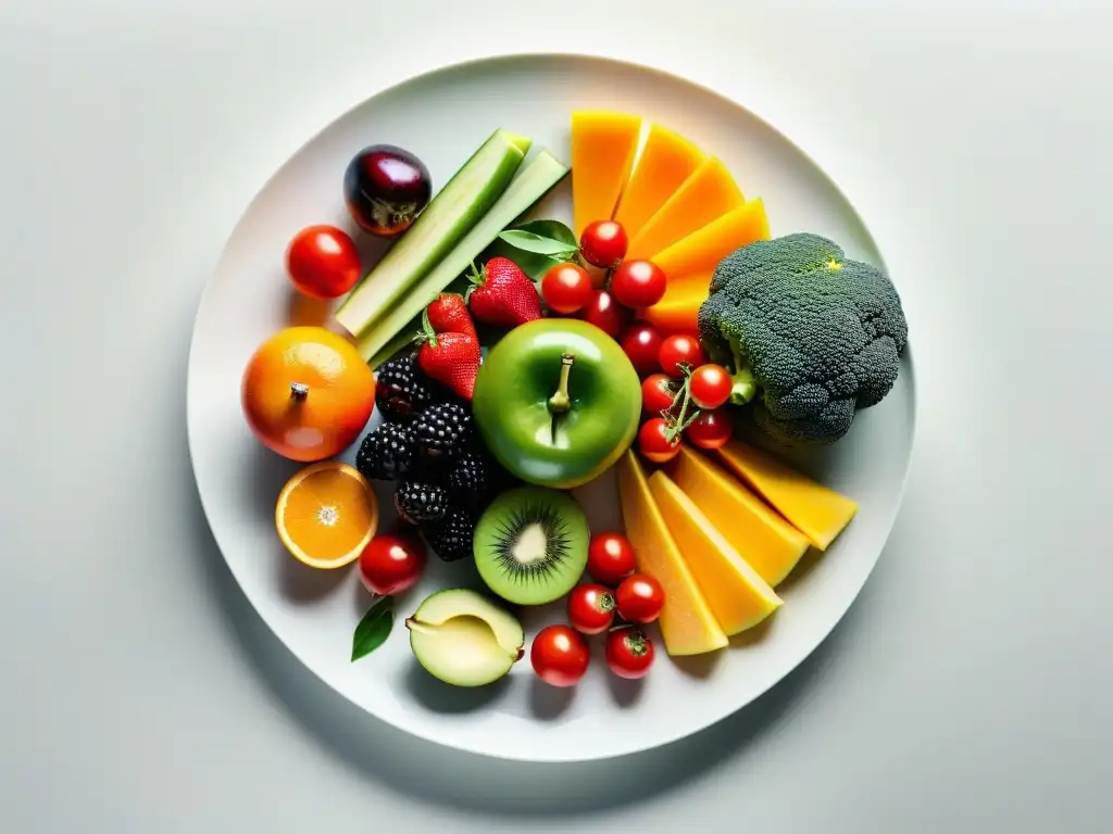 Exquisita variedad de frutas y verduras en un plato blanco Una variedad de frutas y verduras coloridas y detalladas, con colores vibrantes en un plato blanco moderno