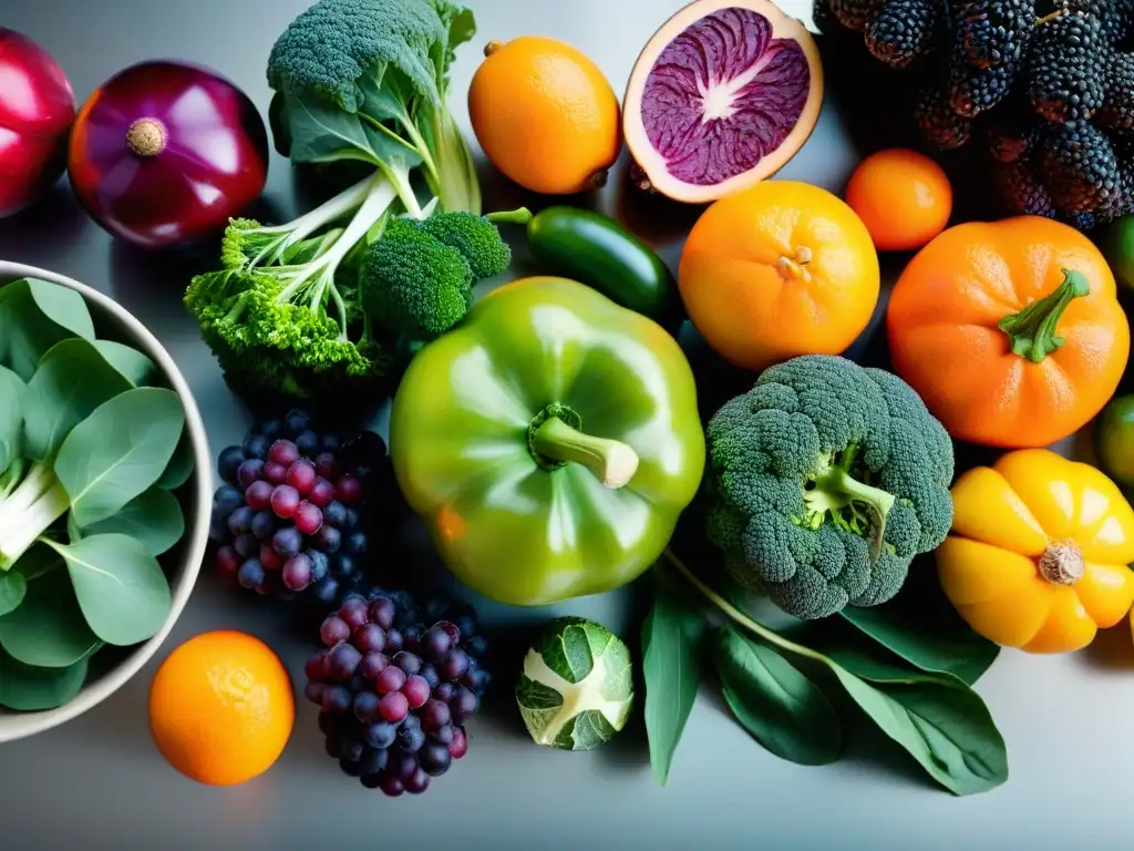 Nutrición Ósea: Vibrante Variedad de Frutas y Verduras Variedad de frutas y verduras coloridas en cocina moderna