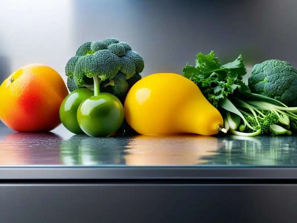 Variedad de frutas y verduras frescas en la cocina Una variedad de frutas y verduras frescas y coloridas en una cocina moderna, exudando vitalidad y nutrición