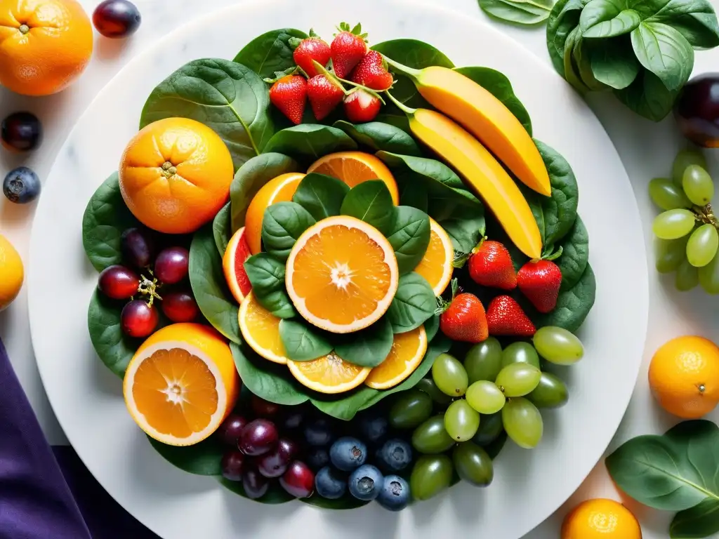 Exuberante variedad de frutas y vegetales en detalle Una variedad de frutas y verduras en un patrón circular sobre una encimera de mármol blanco