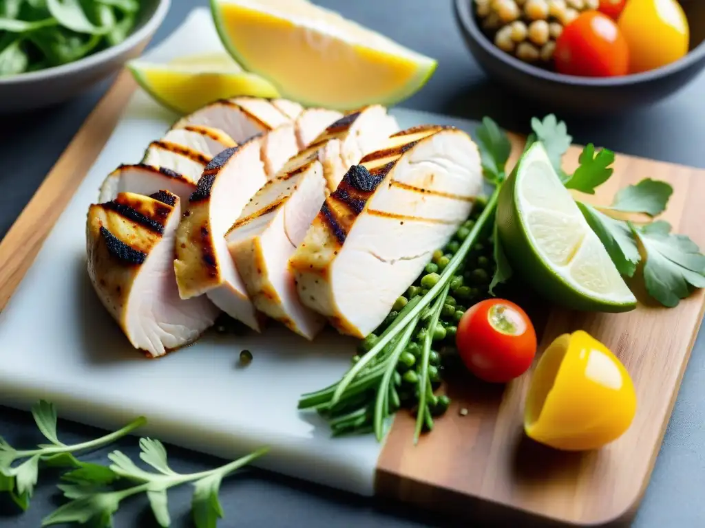 Variedad de proteínas magras en tabla moderna Variedad de proteínas magras en tabla moderna, con hierbas frescas y vegetales coloridos en fondo