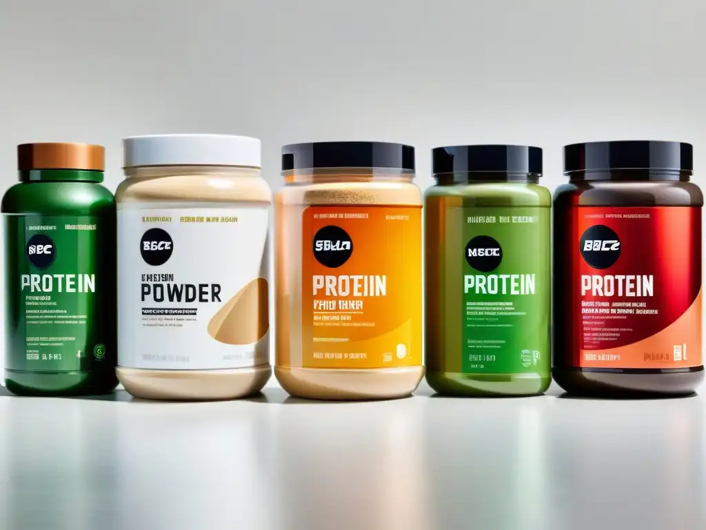 Proteínas en polvo: packaging moderno y natural Variedad de proteínas en polvo en envases modernos sobre fondo blanco