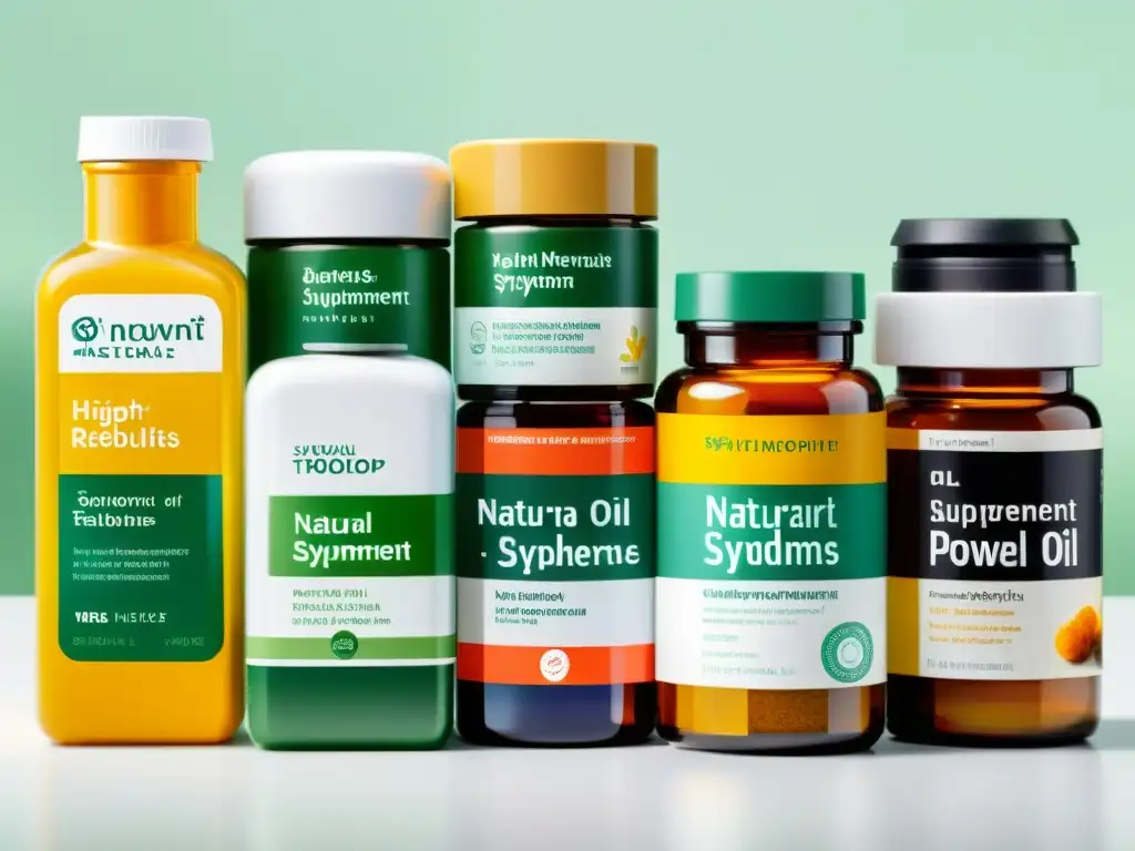 Suplementos naturales para el síndrome de intestino irritable Una variedad de suplementos naturales para el síndrome del intestino irritable en frascos sobre una encimera blanca, iluminada suavemente