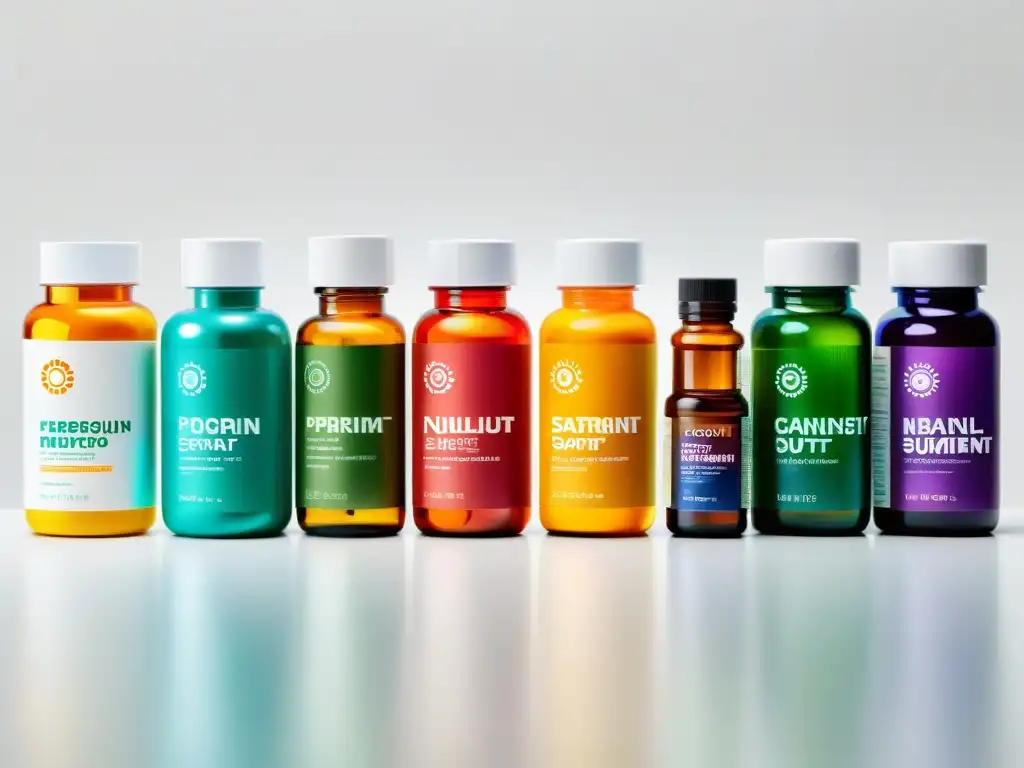 Suplementos Nutricionales: Colores y Formas Vibrantes Una variedad de suplementos nutricionales para estrés laboral, dispuestos en un elegante fondo blanco, con colores vibrantes y tipografía moderna