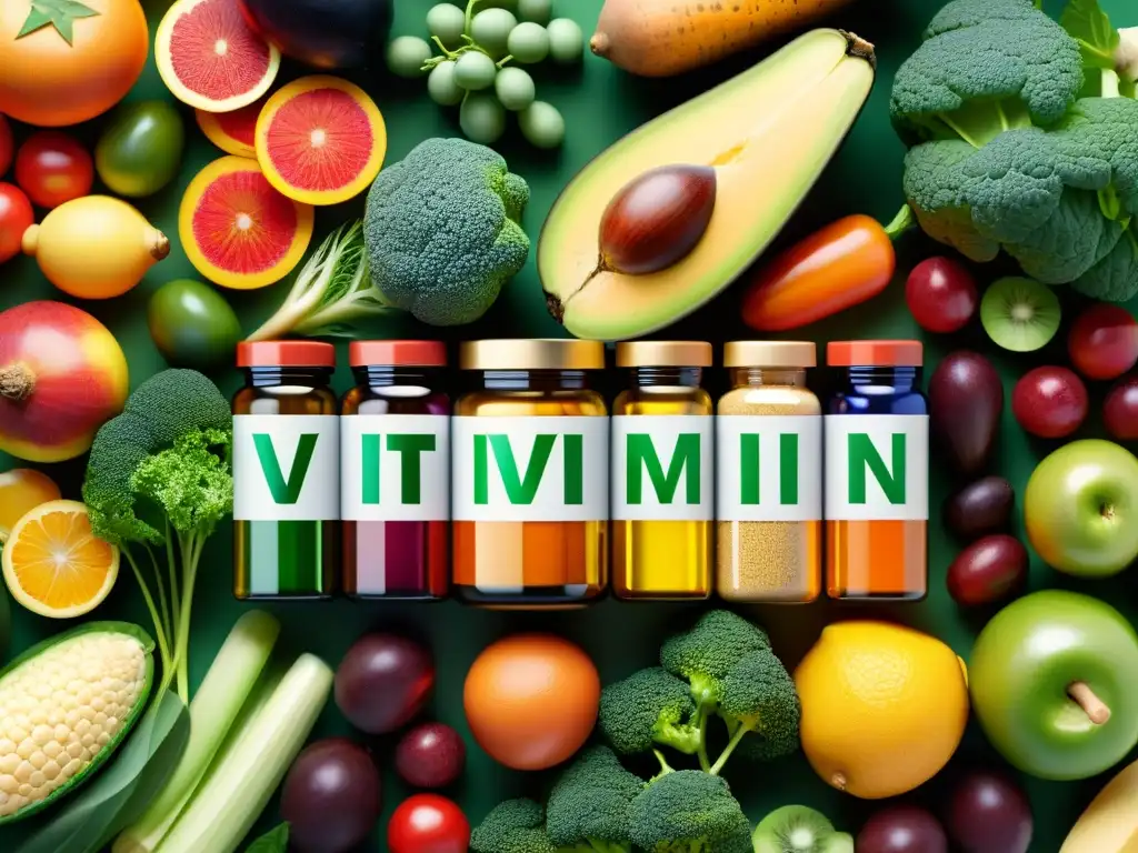 Suplementos vitamínicos naturales y coloridos Una variedad de suplementos vitamínicos rodeados de frutas y verduras frescas, transmitiendo vitalidad y bienestar