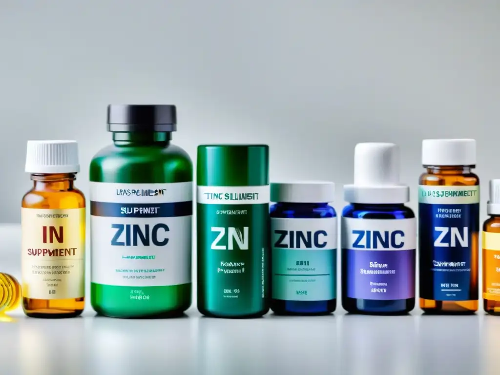 Suplementos de Zinc: Variedad en Alta Resolución Una variedad de suplementos de zinc en formas de cápsulas, tabletas y gotas líquidas, organizados sobre una superficie blanca con hierbas frescas