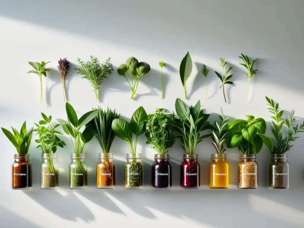 Herborario vital: diversidad botánica en la luz natural Una variedad vibrante y diversa de hierbas y raíces adaptógenas ordenadas en un elegante mostrador blanco