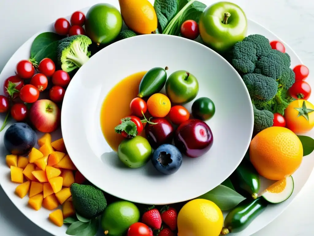 Arcoiris de Frutas y Verduras Frescas en un Plato Blanco Moderno Una variedad vibrante de frutas y verduras frescas en un plato blanco moderno, resaltando nutrientes y antioxidantes