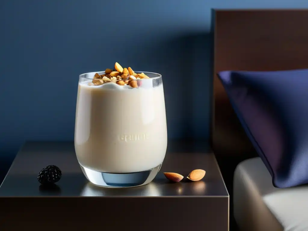 Batido de proteínas: indulgencia en la noche Un vaso de batido de proteína de caseína micelar blanca en una mesita de noche moderna, resaltando los beneficios de la caseína micelar nocturna