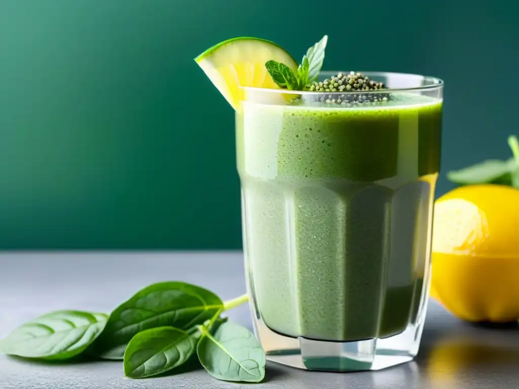 Delicioso batido verde detox con limón y menta Un vaso de cristal transparente rebosante de un vibrante batido detox verde, con capas de espinacas, kale, pepino, manzana y semillas de chía