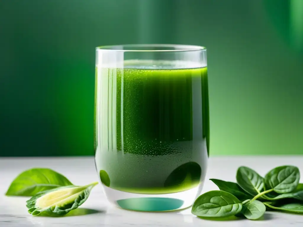 Jugo detox verde con espinaca, kale y pepino en cocina moderna Un vaso de vidrio transparente lleno de un líquido verde vibrante, con capas de espinacas frescas, col rizada, pepino y apio