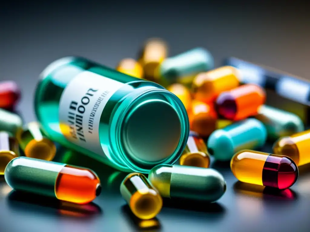 Nootrópicos de Vanguardia: Cápsulas Translúcidas en Vial Vial de cápsulas nootrópicas translúcidas y coloridas, con un fondo moderno que irradia ciencia avanzada y soporte cognitivo