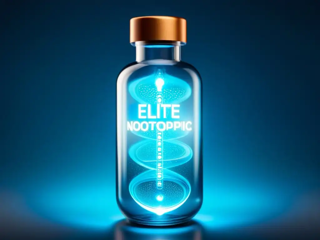 Fórmula nootrópica de élite en vial de cristal Un vial de cristal moderno con líquido azul vibrante, iluminado desde abajo, creando un efecto futurista