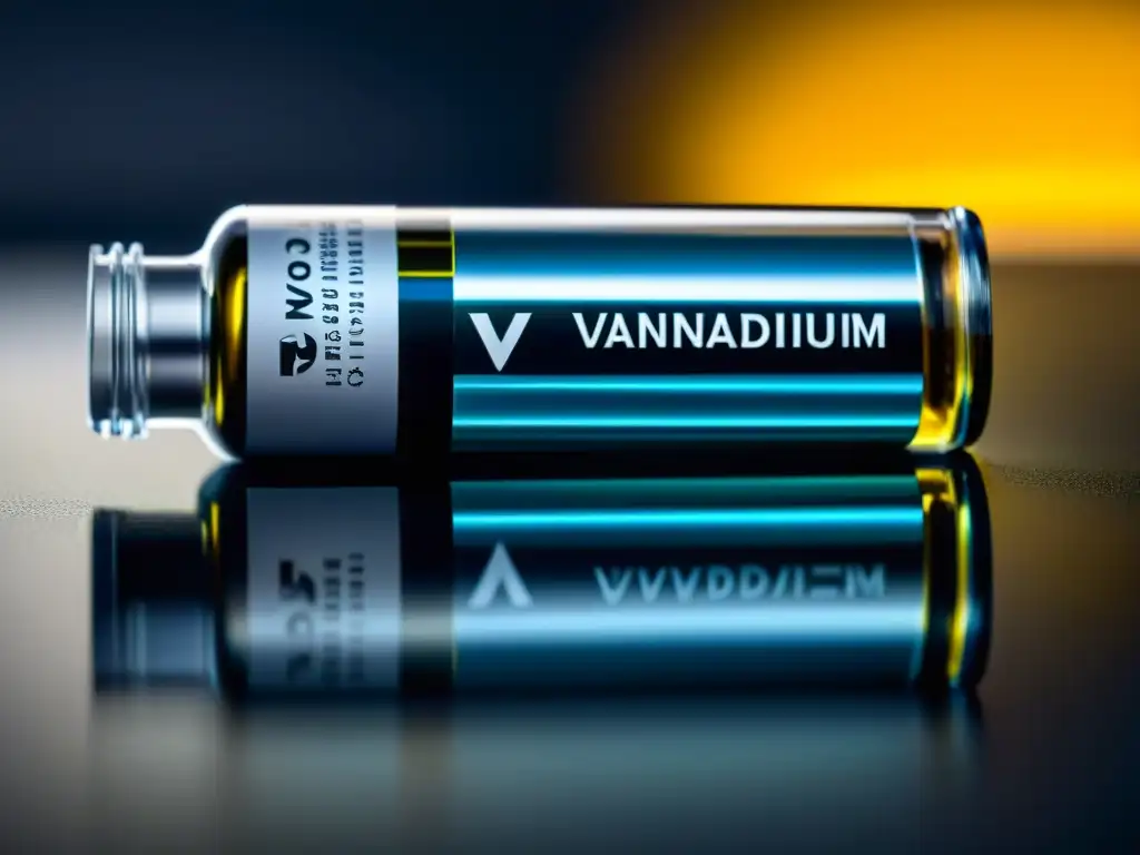Suplemento de Vanadio: Ciencia Avanzada en Diabetes Un vial de suplementos de vanadio con el símbolo químico 'V' en primer plano, resaltando la influencia del vanadio en diabetes