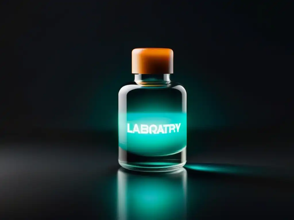 Vial de Nootrópico Elite: Brillo Futurista Vial de vidrio con líquido luminiscente sobre superficie negra, etiqueta futurista de nootrópicos efectivos para potencial cerebral