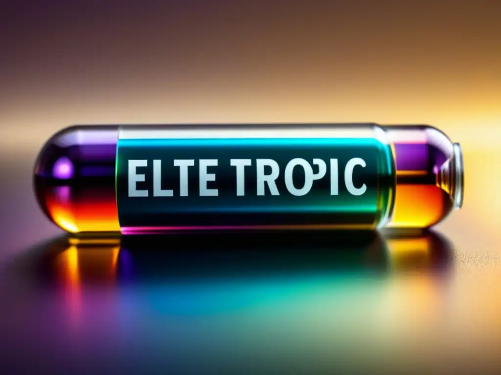 Nootrópicos de Élite: Cápsulas Vibrantes en Vial de Vidrio Un vial de vidrio moderno lleno de cápsulas vibrantes y translúcidas, con un rótulo elegante