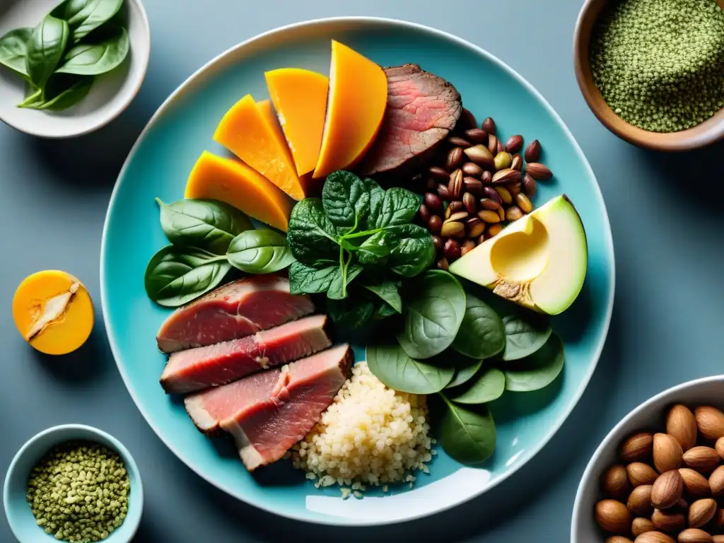 Vibrante selección de alimentos keto ricos en hierro Vibrante composición de alimentos keto ricos en hierro, en una elegante presentación
