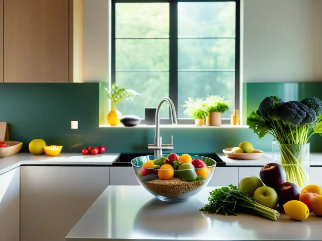 Cocina vibrante con alimentos saludables y probióticos Vibrante cocina moderna con suplementos para salud gastrointestinal y alimentos frescos, transmitiendo vitalidad y equilibrio