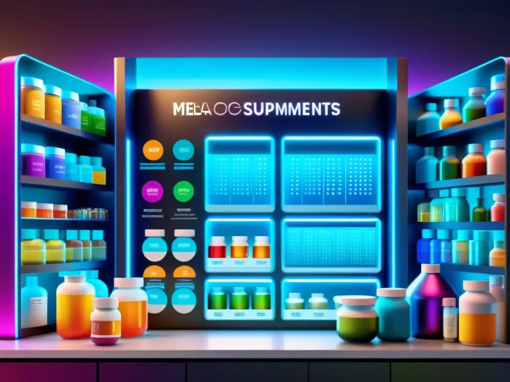 Suplementos nutricionales: innovación científica y vitalidad Una ilustración vibrante de una combinación de suplementos para rendimiento metabólico en un laboratorio futurista, con detalles y colores llamativos