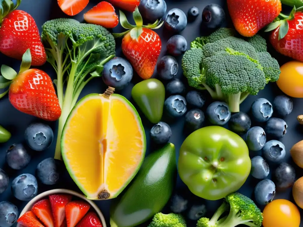 Vibrante mezcla de frutas y verduras: salud y vitalidad Vibrante composición de frutas y verduras frescas en alta resolución, destacando los beneficios BCAAs suplementación deportiva