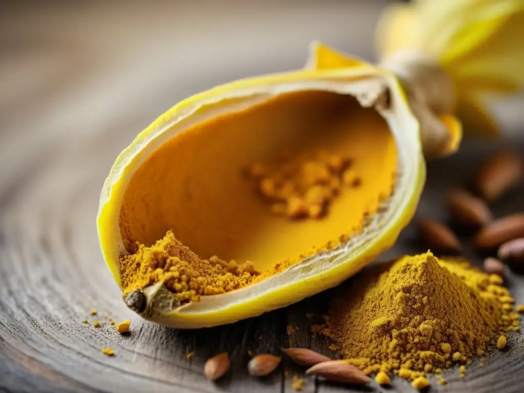 Raíz de Cúrcuma Amarilla: Detalles Vibrantes Vibrante raíz de cúrcuma amarilla con texturas detalladas, rodeada de polvo de curcumina