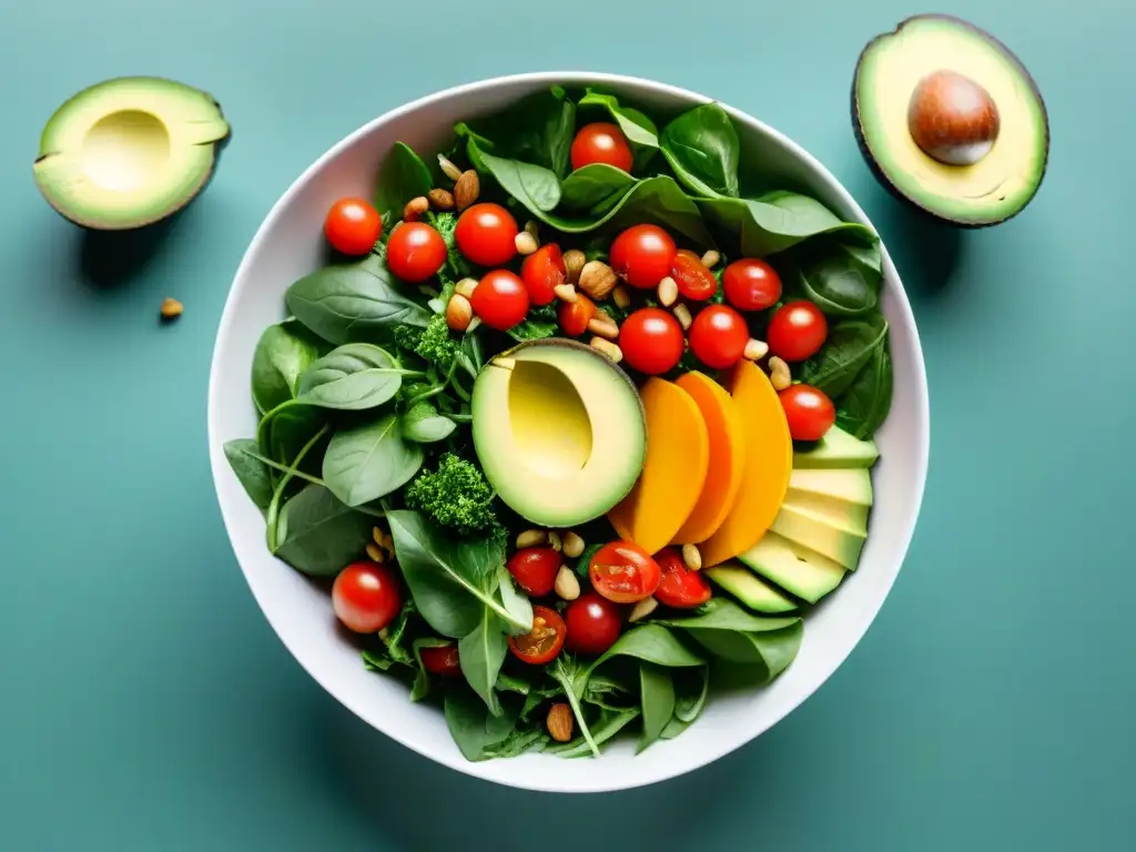 Ensalada vibrante y saludable en detalle Una vibrante ensalada saludable con efectos de las fibras y esteroles, compuesta por ingredientes frescos y coloridos en un bol minimalista
