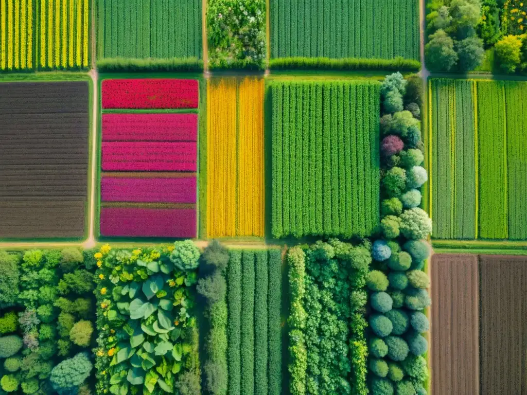 Granja regenerativa: biodiversidad y fertilidad en colores Vibrante granja de agricultura regenerativa con suplementos nutricionales, diversidad de cultivos y suelo fértil