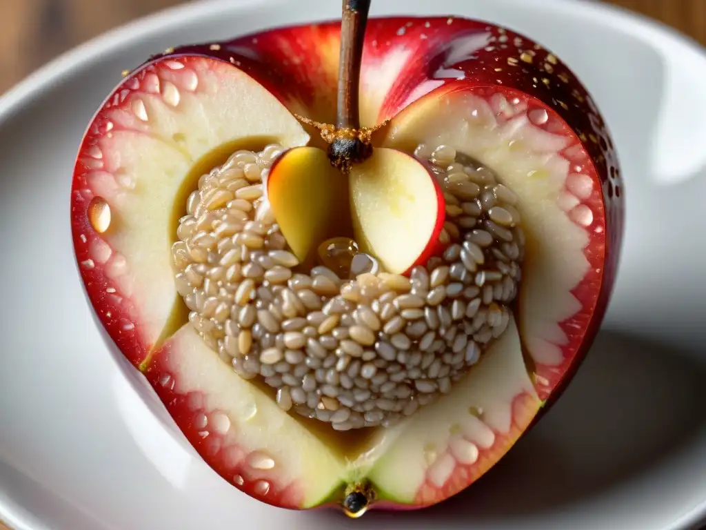 Manzana roja reluciente rodeada de semillas y avena en plato blanco Vibrante manzana roja en forma de corazón con semillas doradas y avena en un plato blanco, rodeada de gotas de agua