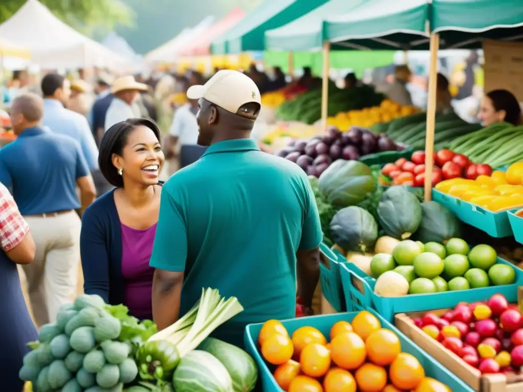 Mercado fresco: consumidores interactuando con agricultores locales Vibrante mercado con consumidores y agricultores, apoyando la agricultura regenerativa