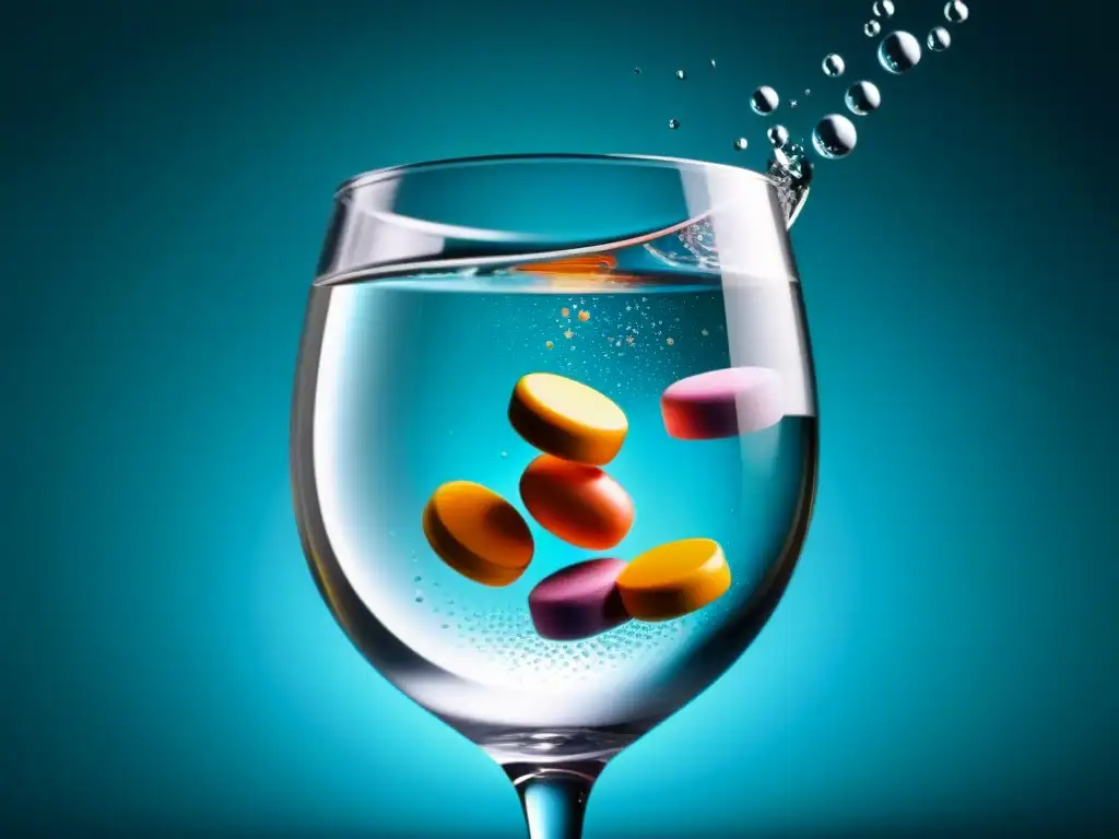 Explosión de Color: Píldora Disolviéndose en Agua Vibrante disolución de píldora en agua cristalina, revelando tecnología de liberación prolongada de ingredientes clave en suplementos