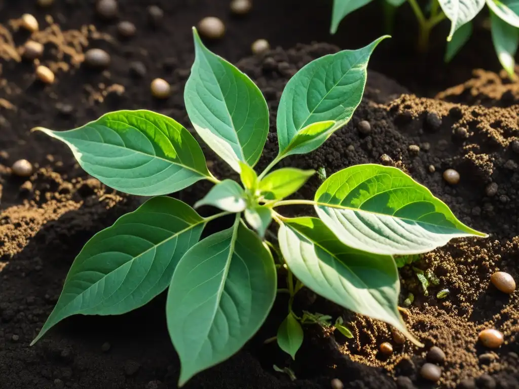 Exuberante planta de ashwagandha en tierra oscura Vibrante planta de ashwagandha con hojas exuberantes y gotas de agua, reflejando luz