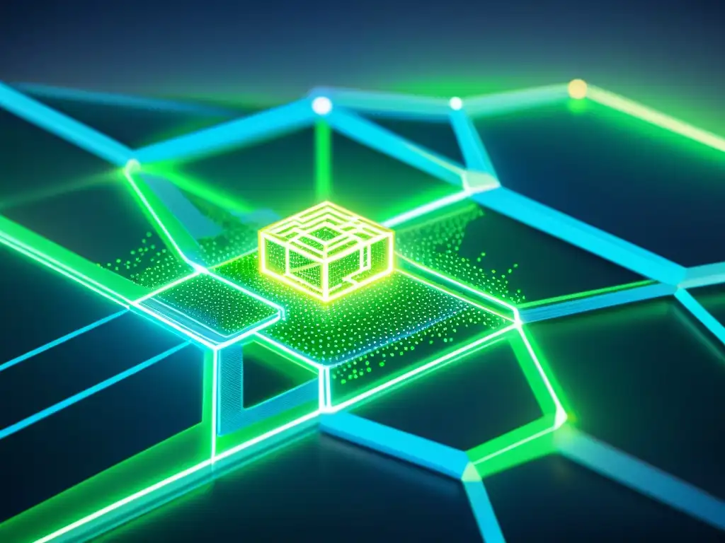 Red de blockchain: visualización futurista de nodos y datos Vibrante red de blockchain, con nodos futuristas interconectados en tonos azules y verdes, irradiando innovación