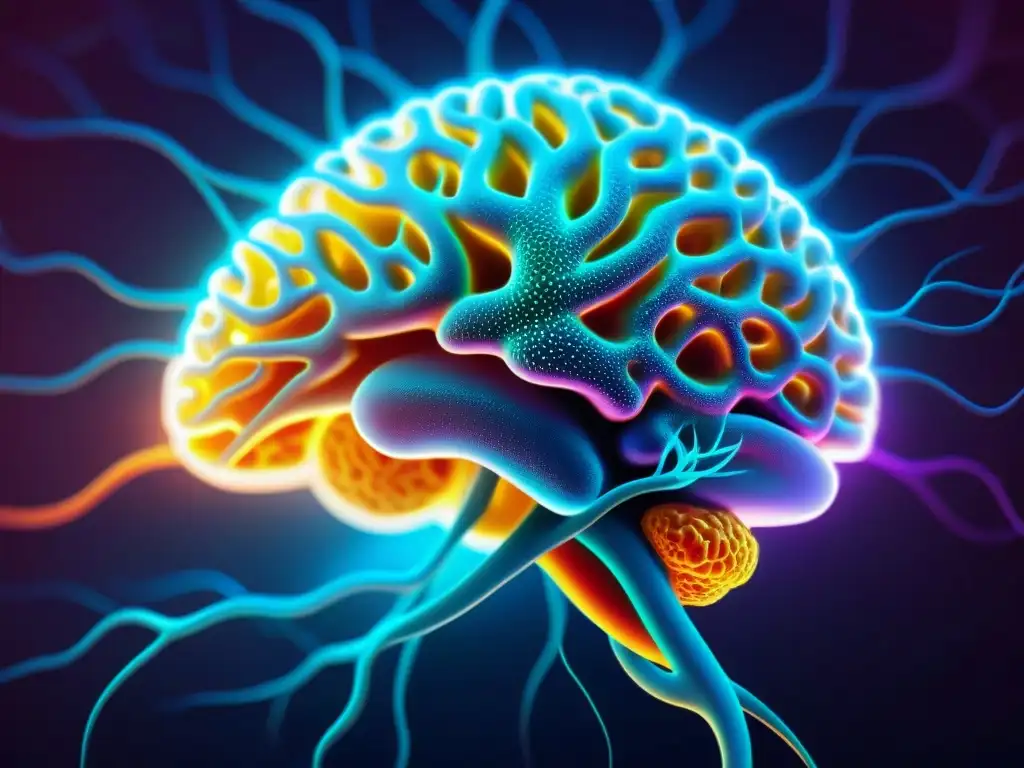 Red de neuronas brillante con coenzima Q10 Vibrante red neuronal con coenzima Q10, brilla con energía, mostrando beneficios cerebrales