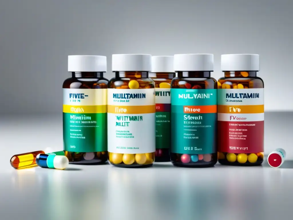 Multivitaminas de marcas top en envases transparentes Vibrante selección de las mejores marcas de multivitamínicos para la salud, en elegante presentación transparente sobre superficie blanca